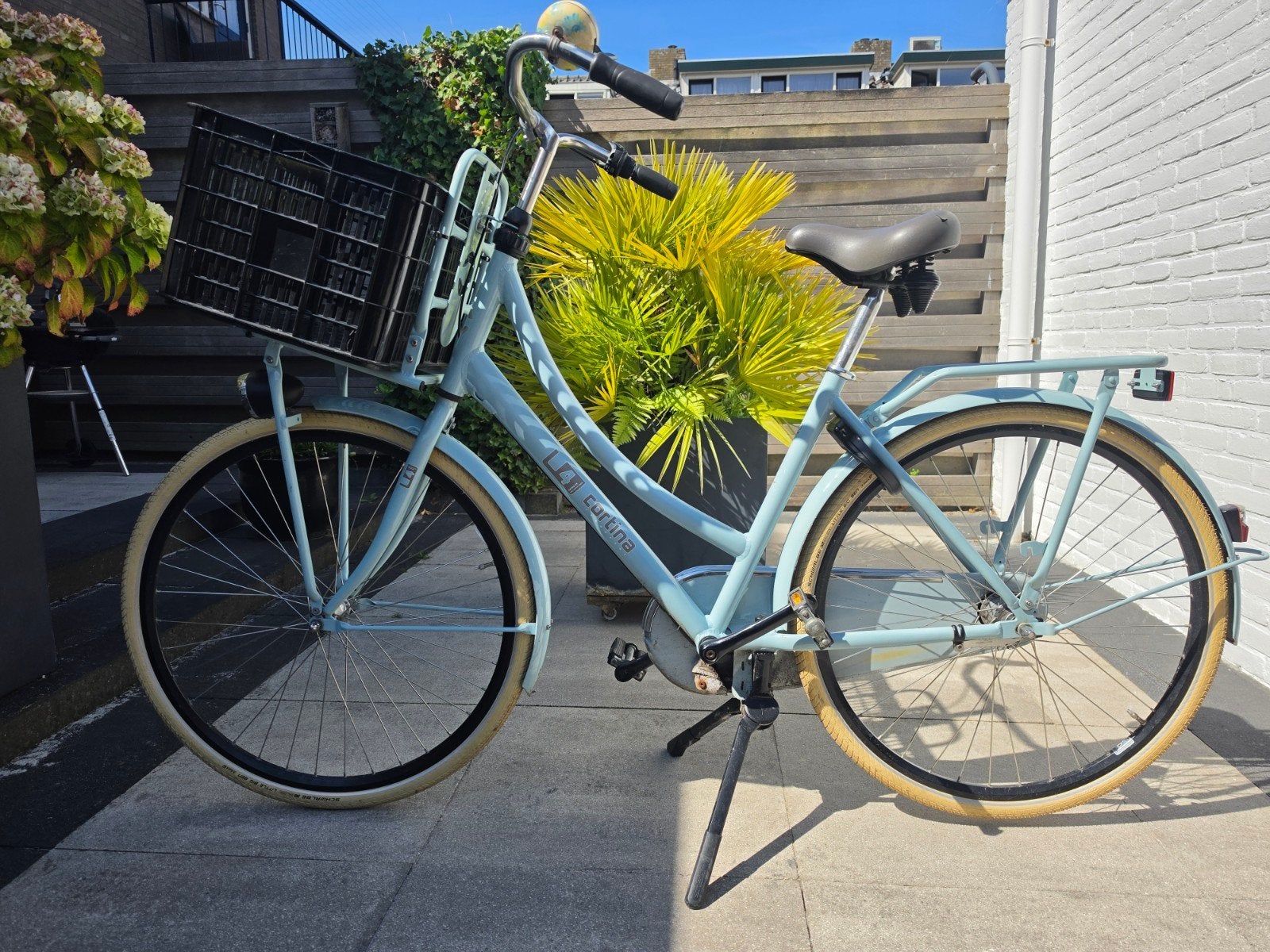 Lichtblauwe stadsfiets met mandje en lage instap, Terugtraprem, Minder dan 47 cm, Ophalen, Overige merken