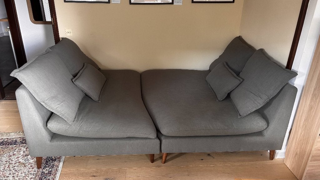 Lamo Convertible Sofa 5-seater in cedar green fabric., Huis en Inrichting, Ophalen, Hout, 250 tot 300 cm, Gebruikt