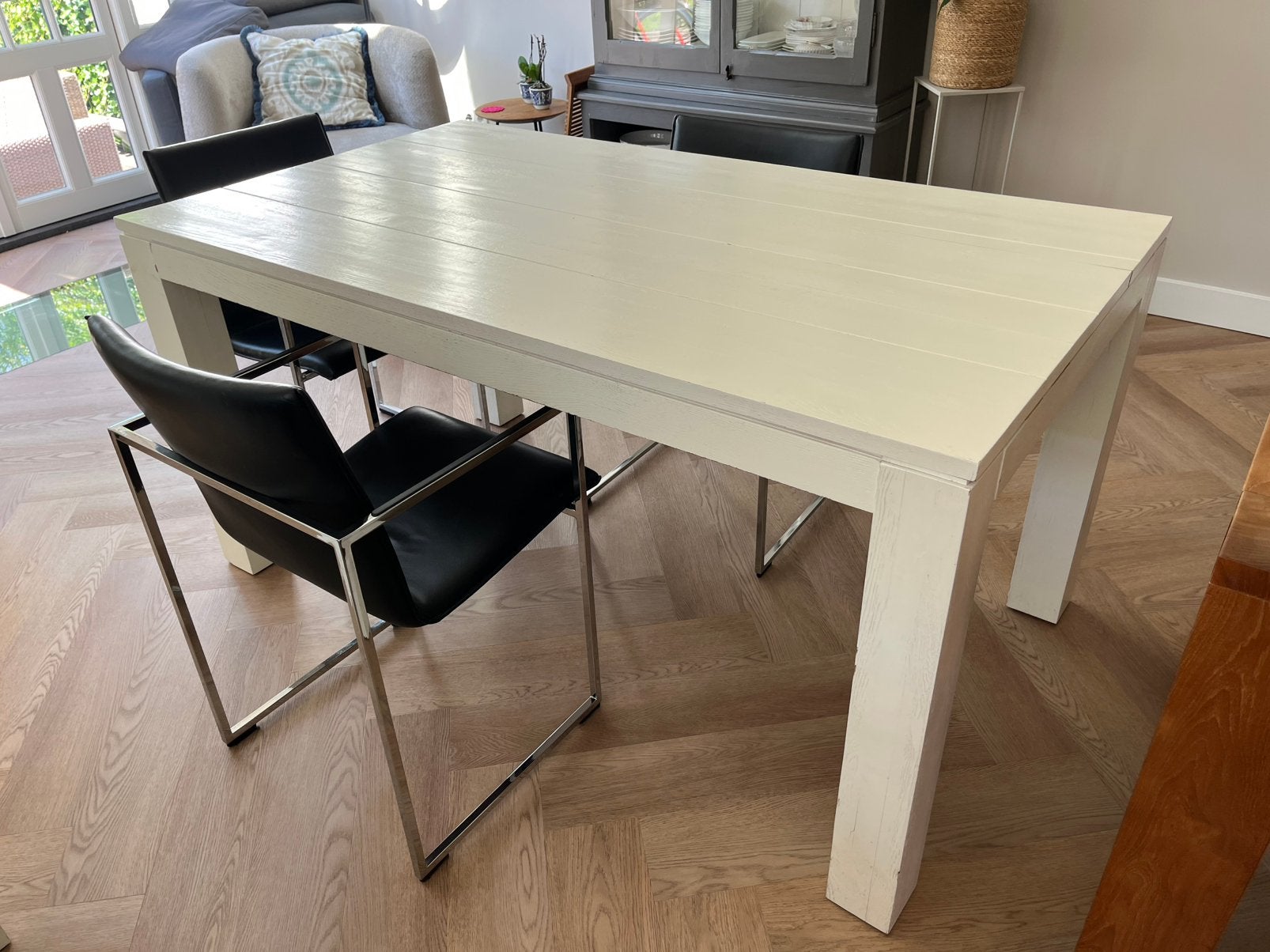 Wit hardhouten tafel - massief, Ophalen, 50 tot 100 cm, Zo goed als nieuw, 150 tot 200 cm
