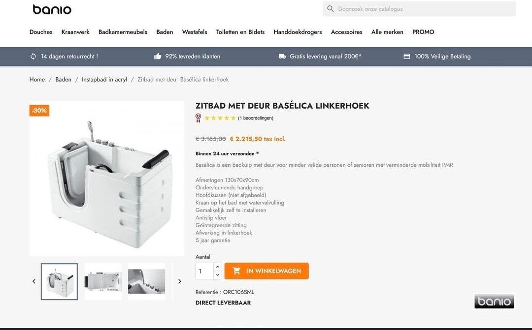 Te koop: Basélica zitbad met deur, ook ideaal als instapbad, Ophalen, Overige typen, 50 tot 100 cm, Zo goed als nieuw