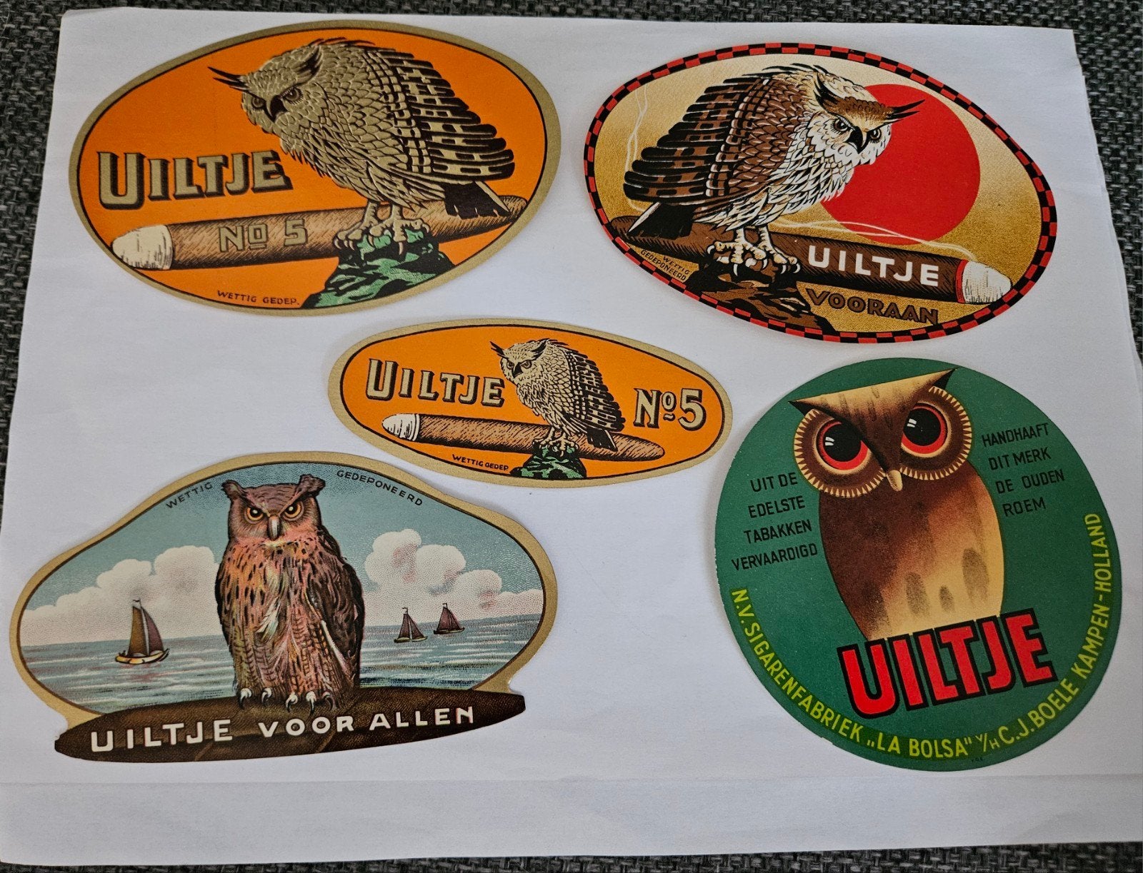 Vintage Uiltje Sigaren Kist Etiketten Set van 5, Verzenden, Nieuw, Sigarenbandjes