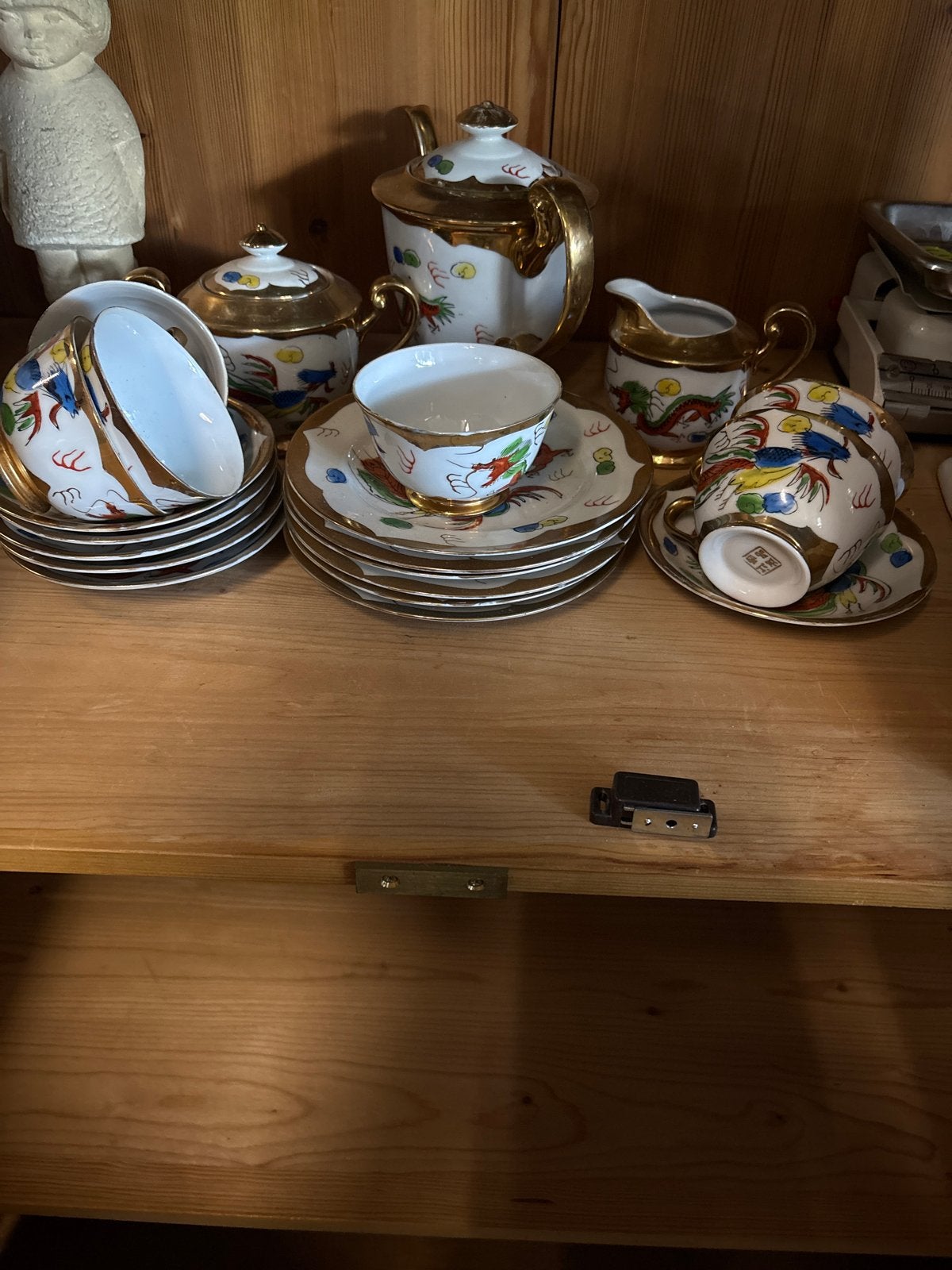Vintage Chinees theeservies met drakenmotief, Ophalen of Verzenden