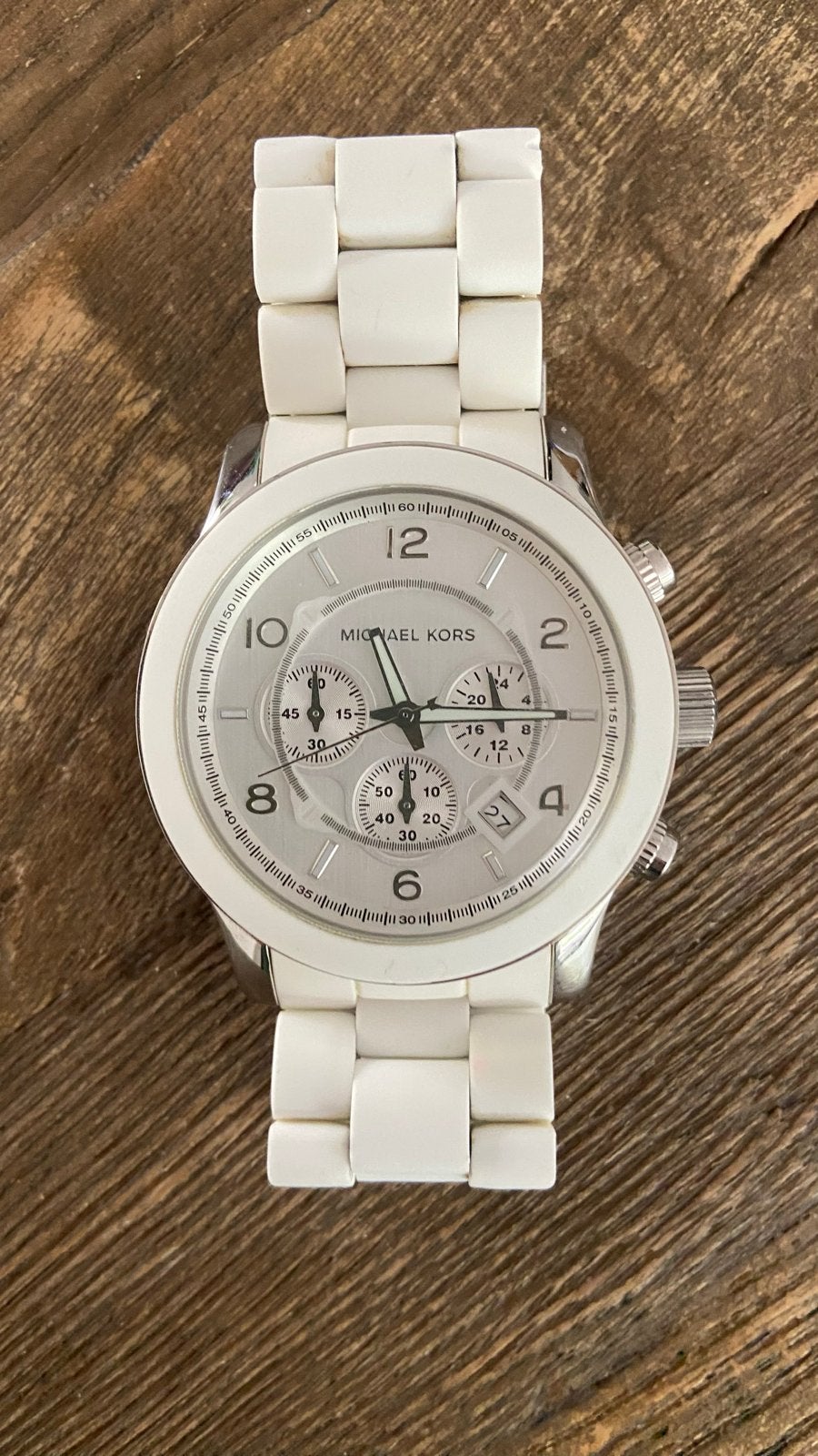 Michael Kors dameshorloge MK-3108 wit – batterij leeg, Staal, Polshorloge, Kunststof, Zo goed als nieuw
