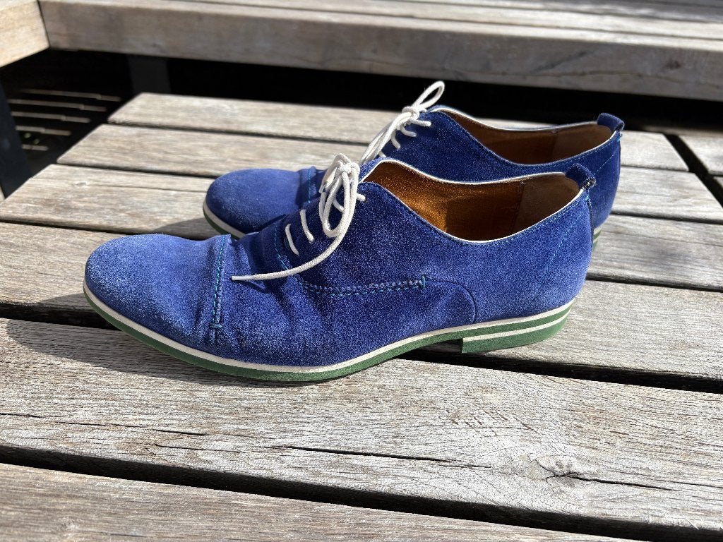 Giorgio blauwe suède veterschoenen met groene zolen 41, Ophalen, Blauw, Giorgio, Gedragen