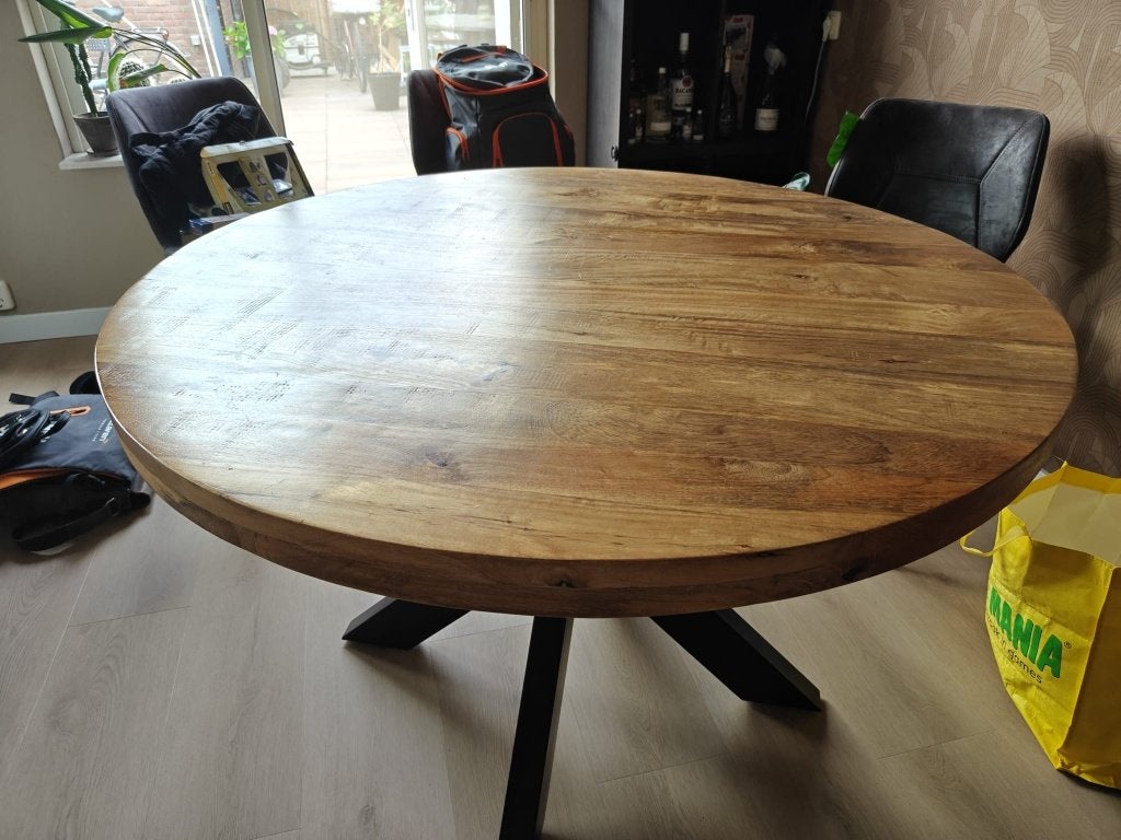Houten ronde tafel, industrieel, diameter 120cm, Ophalen, 100 tot 150 cm, Rond, Zo goed als nieuw