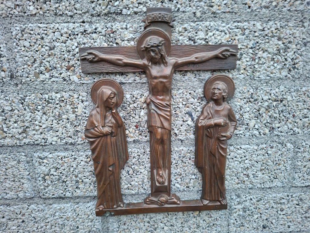 antiek brons crucifix van gekruisigde christus met maria, Ophalen of Verzenden, Brons