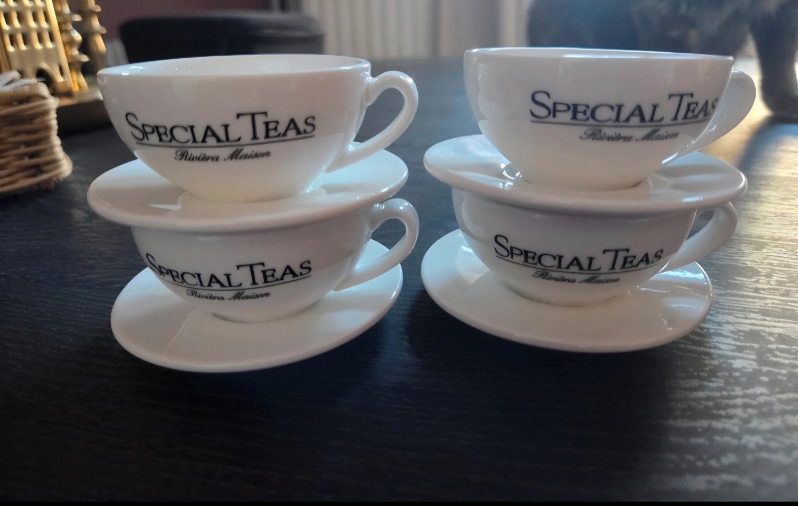 Riviera Maison Special Teas kop en schotel (4 stuks), Overige merken, Keramiek, Ophalen of Verzenden, Zo goed als nieuw