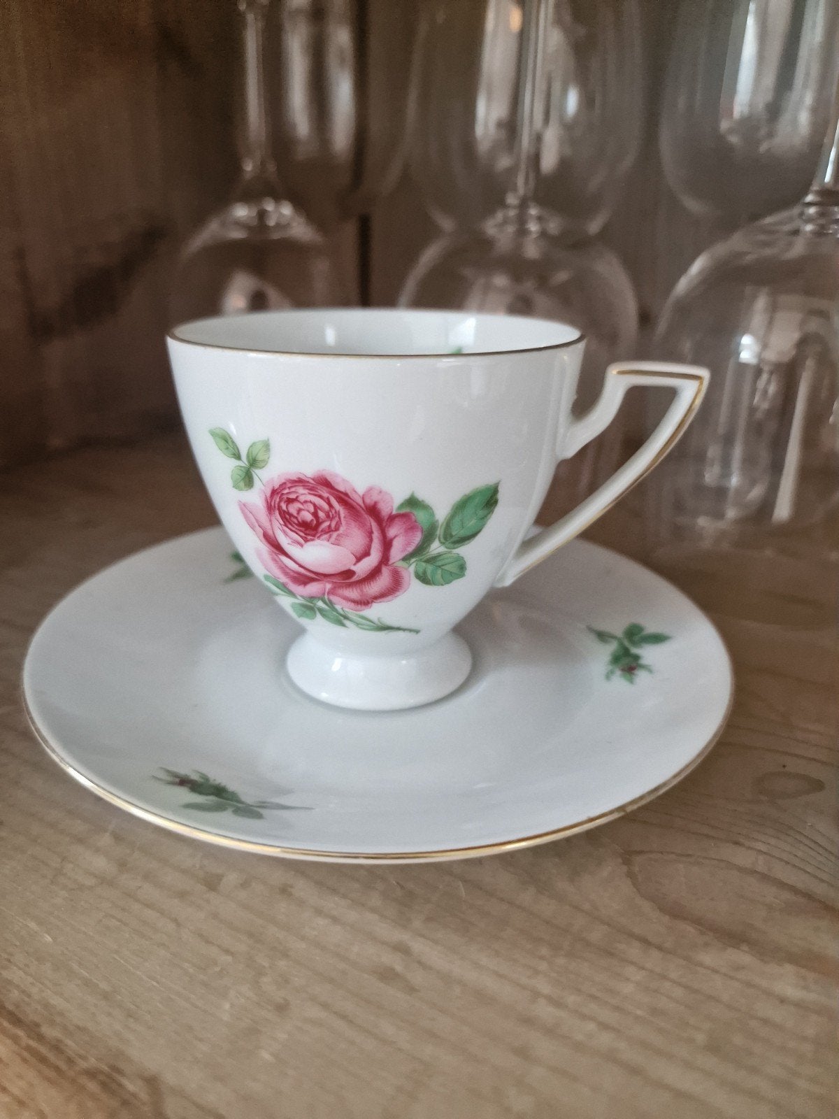 Konigl Tettau Art Deco Kop en Schotel roze roos, Antiek en Kunst, Ophalen of Verzenden