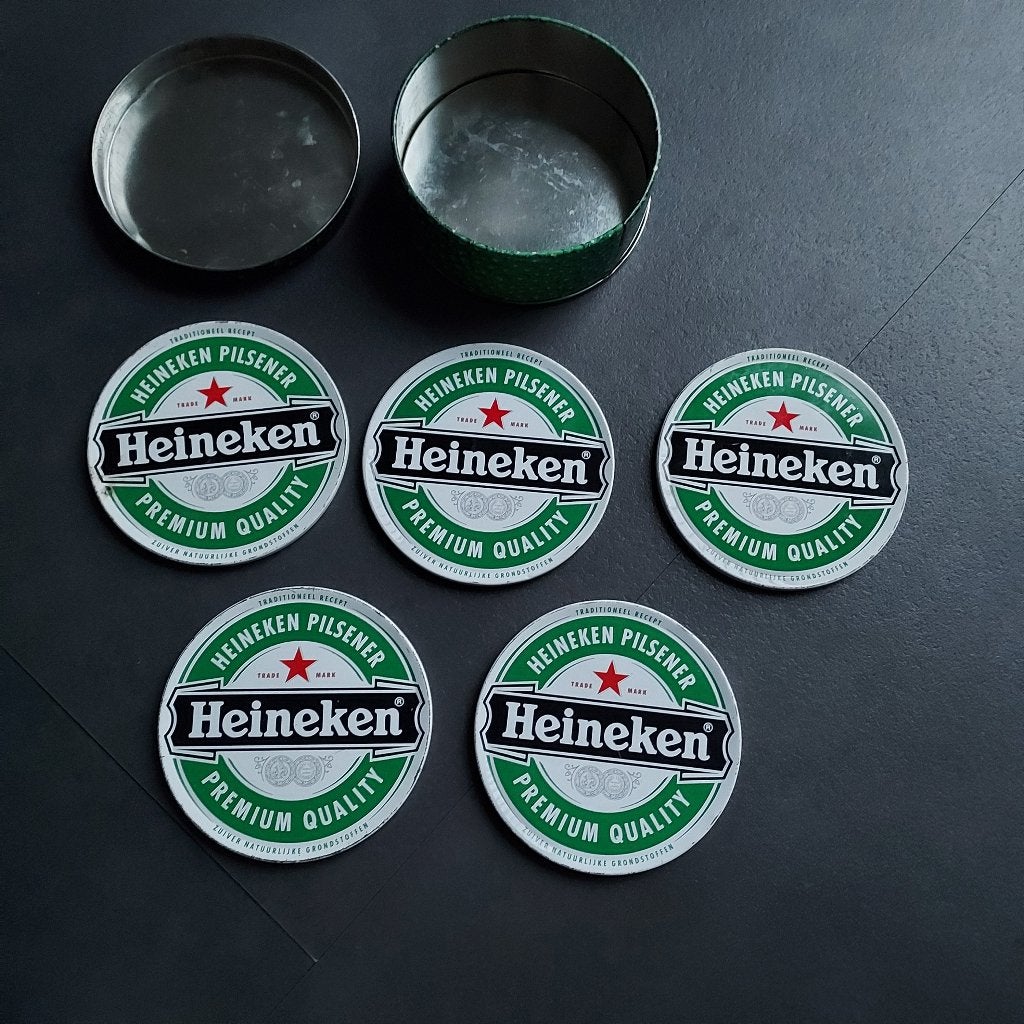 Heineken blikje met 5 onderzetters, Ophalen of Verzenden, Gebruikt, Viltje(s), Heineken