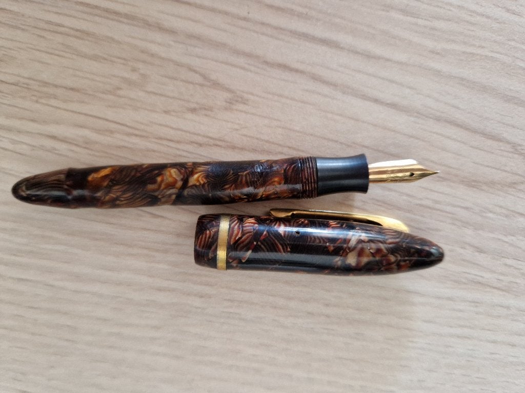 Vintage Vulpen - 14K Gouden Penpunt - Marmerlook bruin, Verzamelen, Pennenverzamelingen, Verzenden, Gebruikt, Vulpen, Overige merken