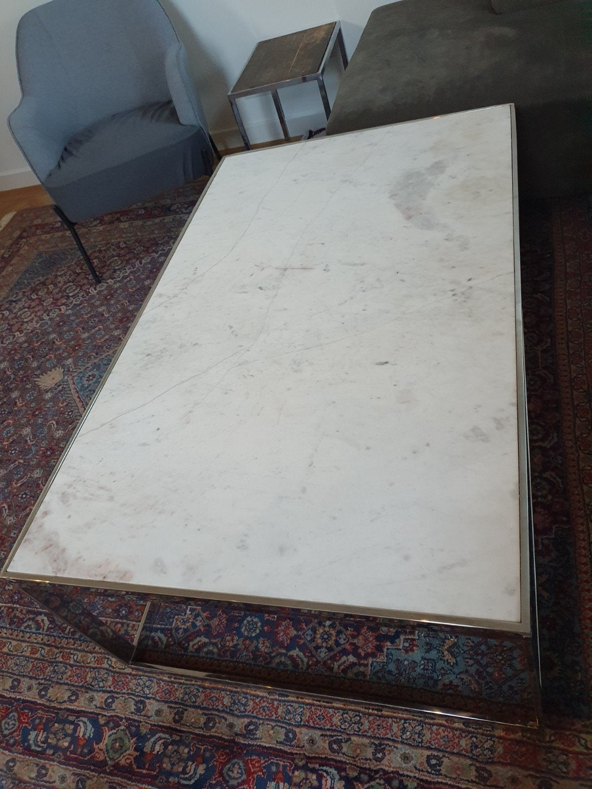Grote salontafel chroom en marmer - 130x85x45 cm, Gebruikt, 100 tot 150 cm, Overige materialen, Rechthoekig