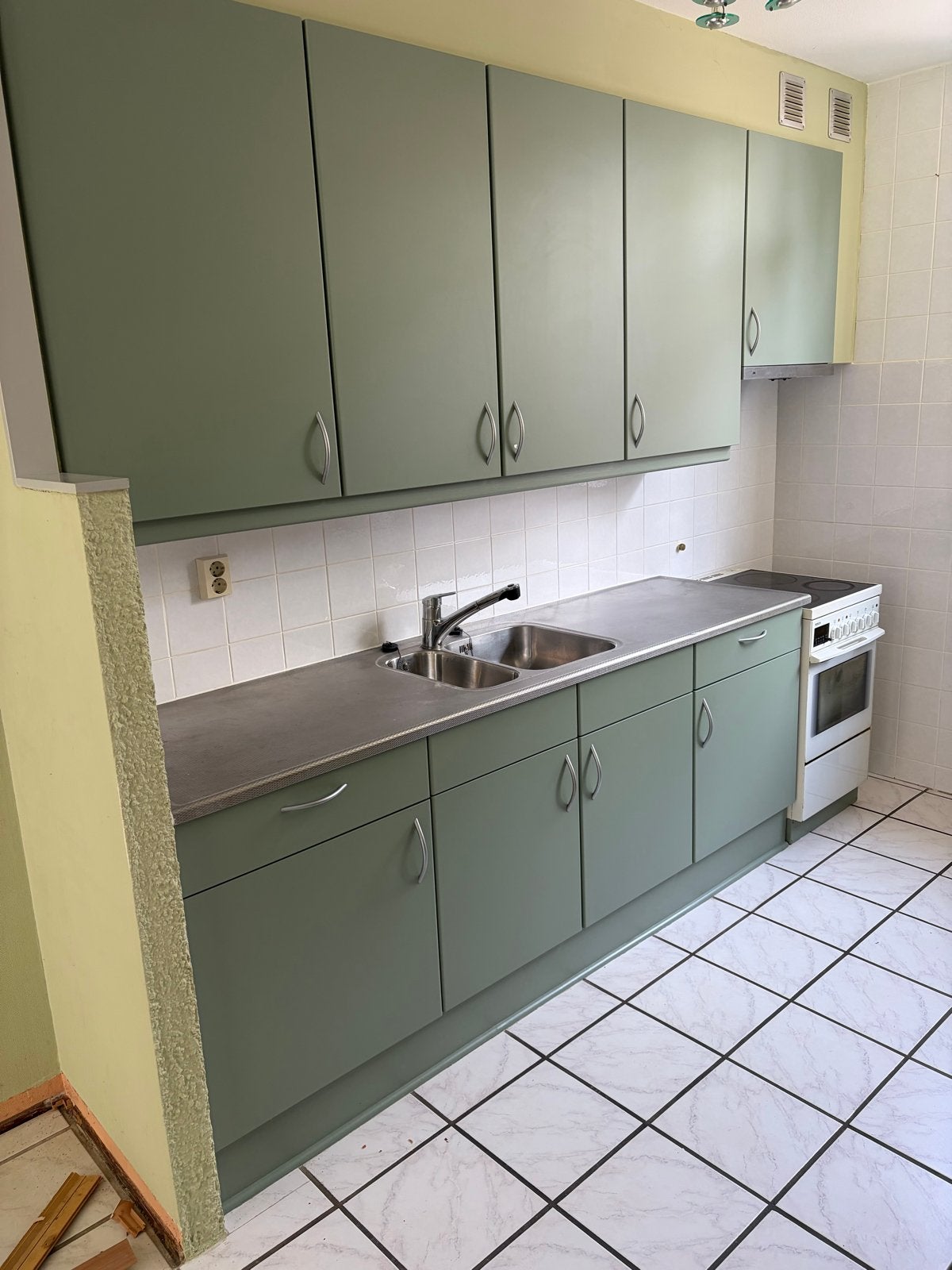 Keuken met boven- en onderkasten, dubbele spoelbak, Ophalen, Gebruikt, Groen, Enkelwandige keuken