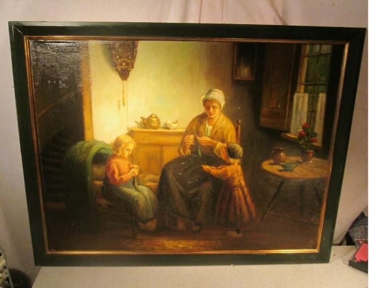Mooi Oud Geschilderd Werk 'Moeder en Kinderen' - gesigneerd, Paneel, Portret of Personen, Ophalen of Verzenden, Gesigneerd