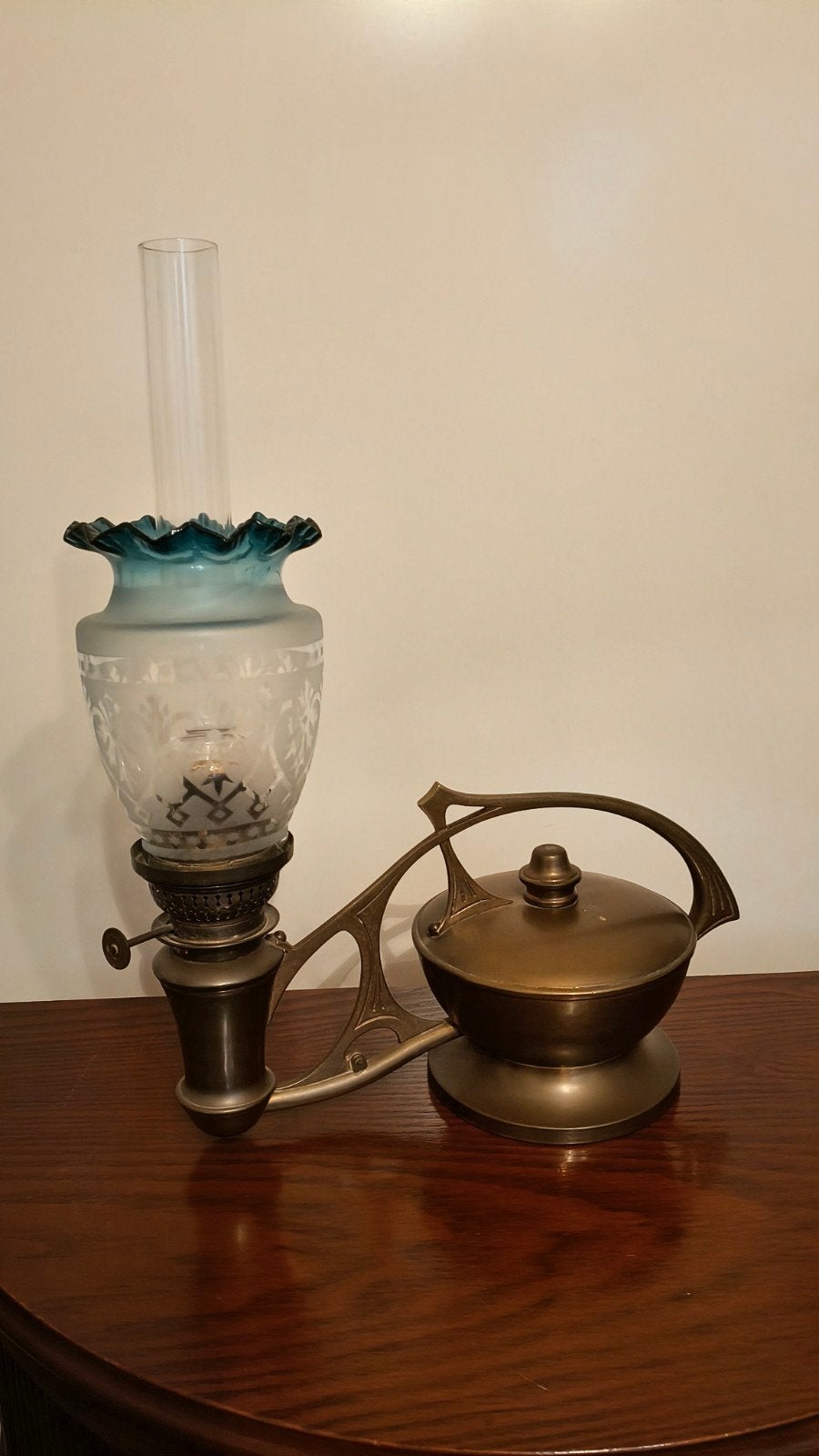 Antieke Jugendstil Messing Olielamp - 19e Eeuw, Ophalen of Verzenden