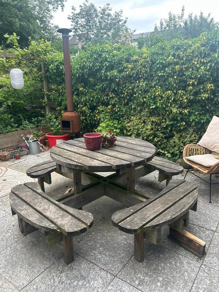 Ronde houten picknicktafel, Tuin en Terras, Picknicktafels, Ophalen, Gebruikt, Rond, Hout