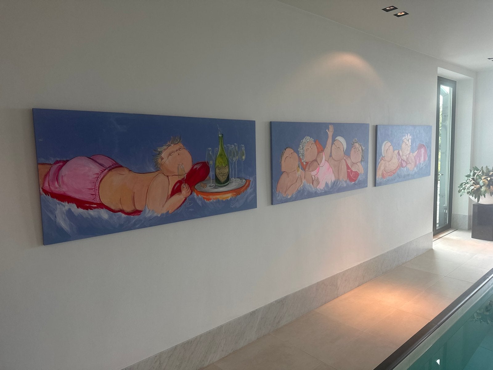 Vrolijke schilderijen van dames in het water, Ophalen, Acrylverf, Doek, Portret of Personen