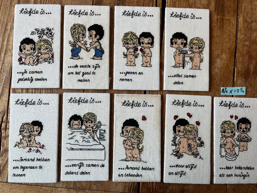 9 Geborduurde "Liefde is" schilderijtjes, Ophalen of Verzenden, Zo goed als nieuw, Minder dan 50 cm, Schilderij