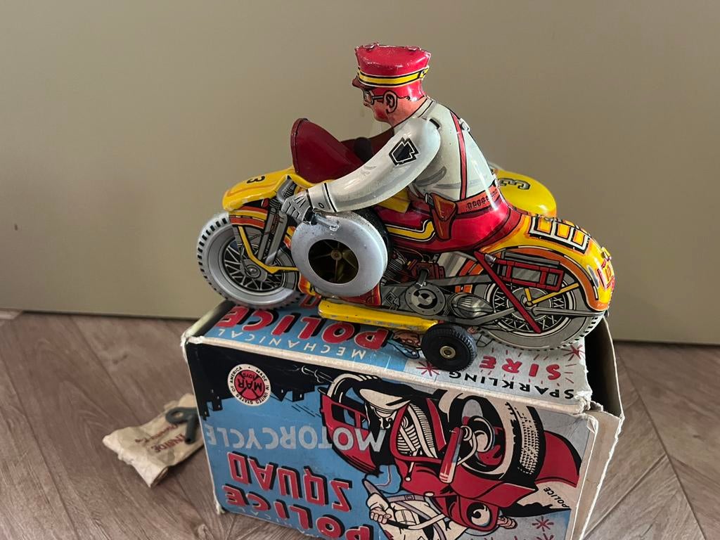 Blikken motorfiets USA zijspan met doos antiek MARX TOYS, Antiek en Kunst, Antiek | Speelgoed, Ophalen