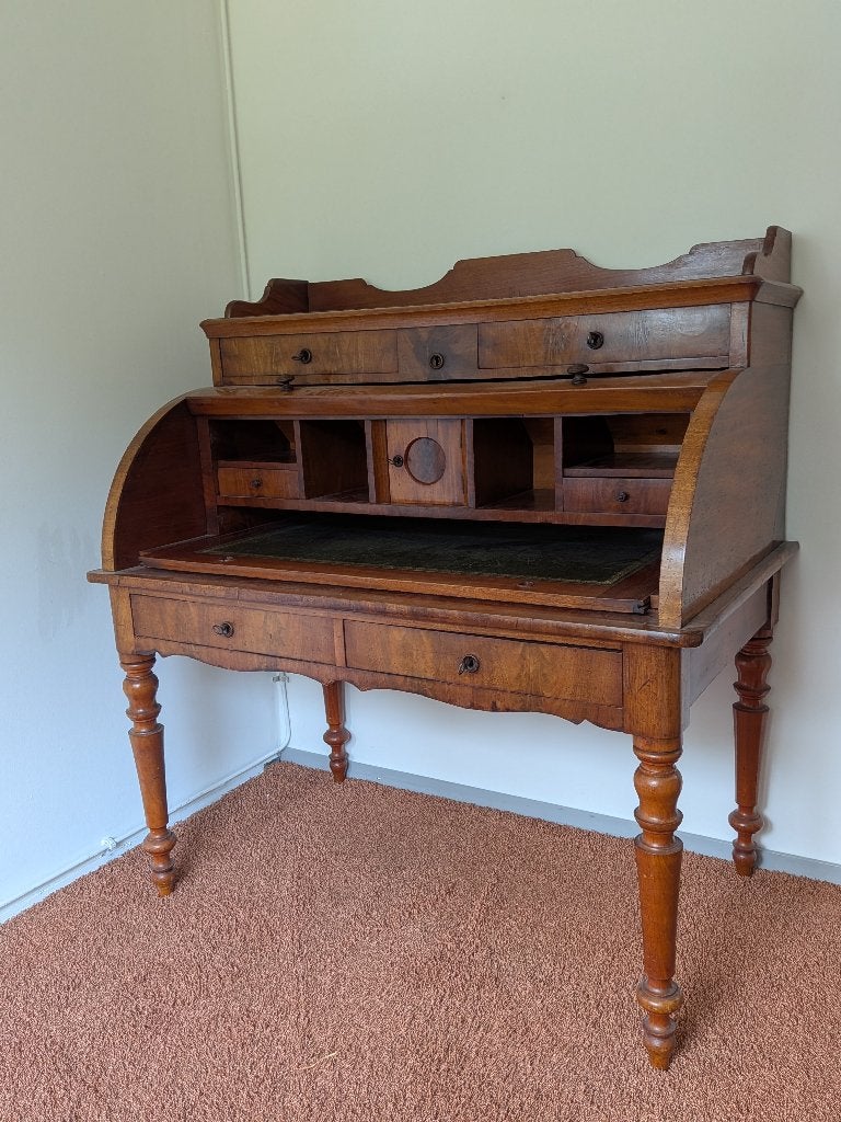 Vintage antiek bureau met rolluik, klassieke indeling!, Ophalen, Met lades, Gebruikt, Hout
