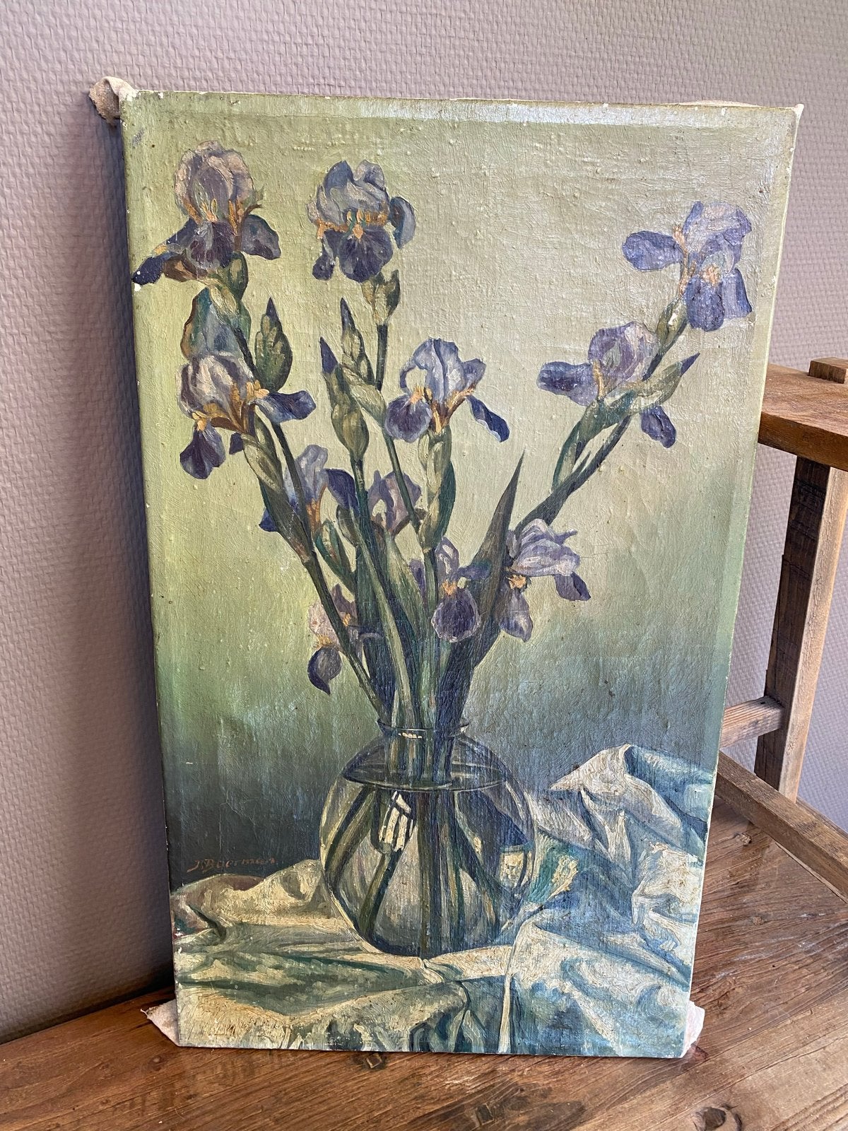 Stilleven met Paarsblauwe Irissen - J. Boerman (Spijkenisse), Ophalen, Doek, Realistisch, Stilleven