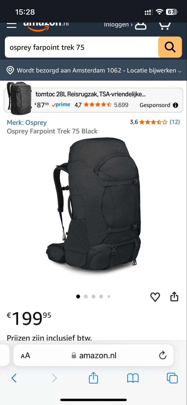 Osprey Farpoint Trek 75 Zwarte Trekking Rugzak, Sieraden, Tassen en Uiterlijk, Tassen | Rugtassen, 40 cm of meer, Gebruikt, Trekking