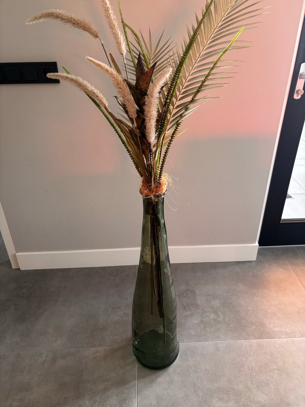 Grote glazen vaas met droogbloemen, Huis en Inrichting, Woonaccessoires | Vazen, Ophalen, Geschikt voor droogbloemen, Groen, Glas