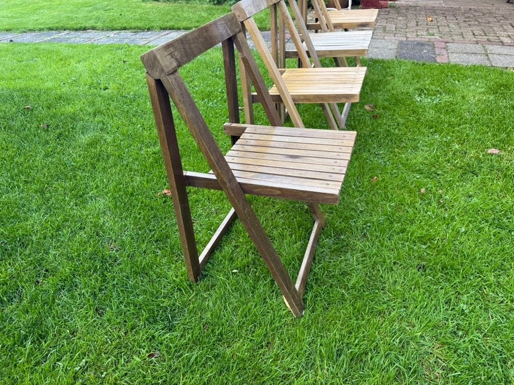 Vintage : 4 st  :Trieste - Aldo Jacober - prijs verlaagd, Huis en Inrichting, Ophalen, Gebruikt, Bruin, Vintage : Folding slat chairs - Trieste - Aldo Jacober