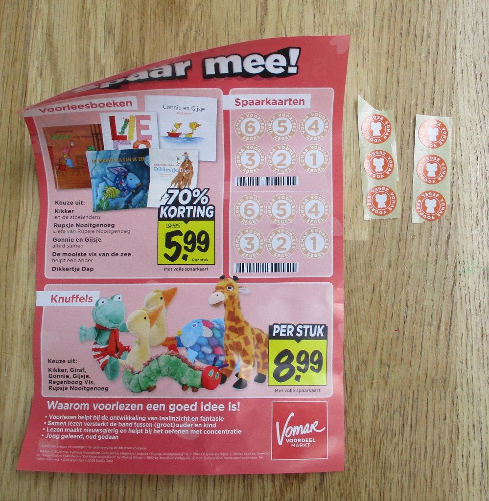 6 spaarzegels Vomar voor korting boeken en knuffels, Vomar, Ophalen of Verzenden