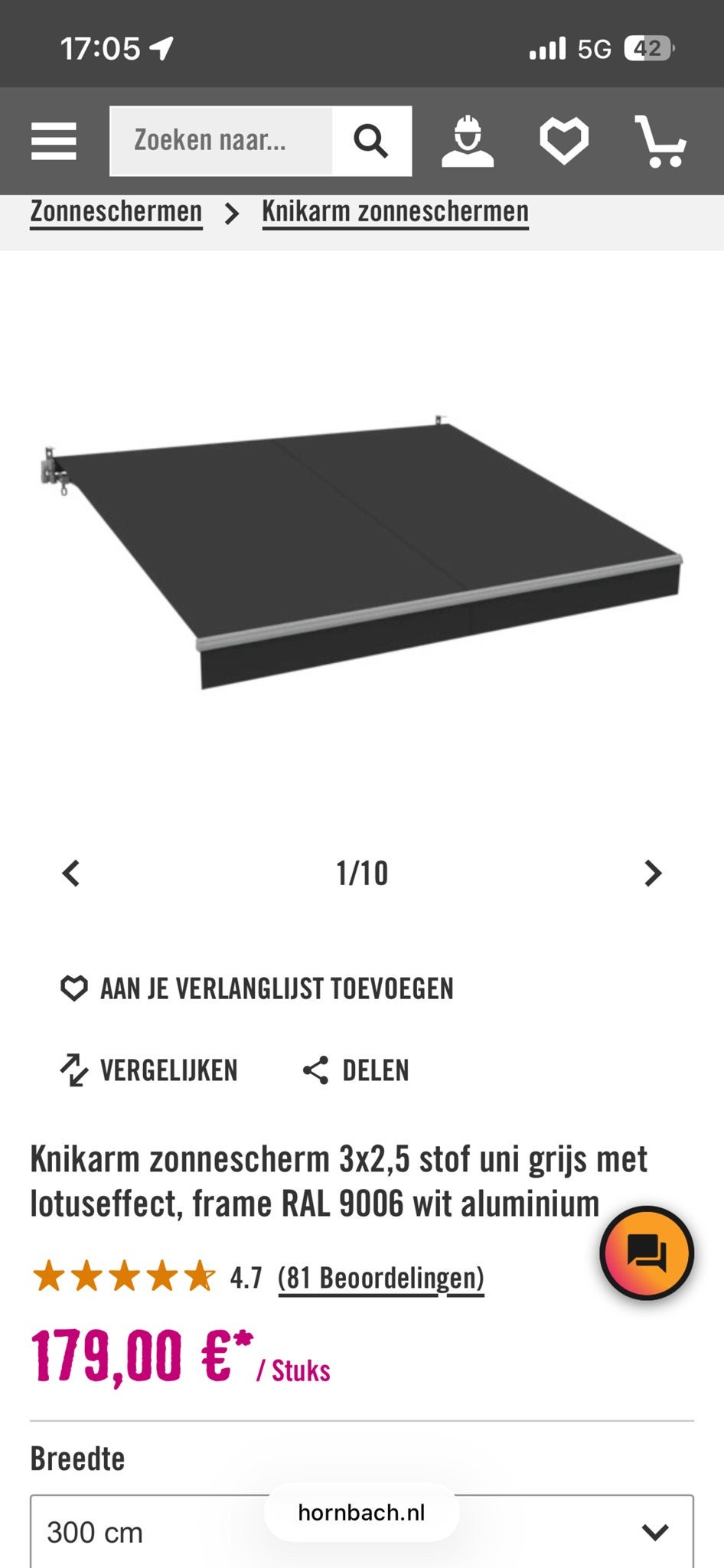 Knikarmscherm 3x2,5m grijs met lotus effect, Ophalen, Gebruikt, 150 tot 300 cm, 250 cm tot 450 cm