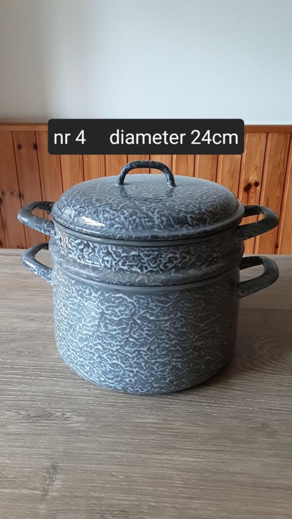 EMAILLE GRIJSGEWOLKTE STOOMPAN DIAMETER 24CM., Antiek en Kunst, Antiek | Emaille, Ophalen of Verzenden