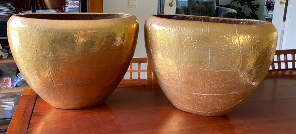 Luxe gouden bloempotten met bladgoud, handgemaakt, Ophalen, Overige materialen, 40 cm of meer, Rond