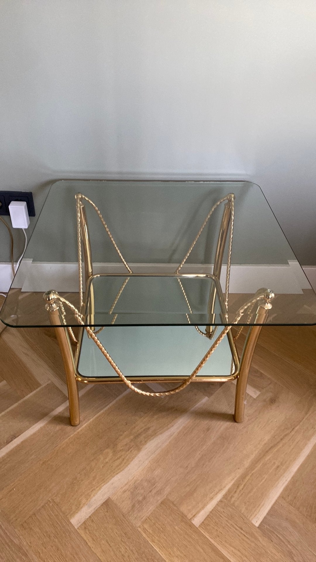 Glazen bijzettafel, Huis en Inrichting, Tafels | Salontafels, Ophalen, Zo goed als nieuw, Vierkant, 50 tot 100 cm