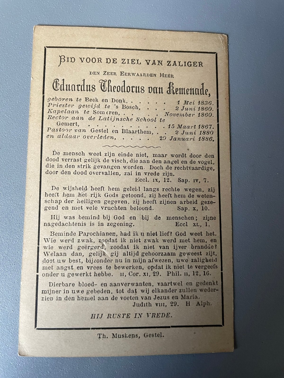 Oud Bidprentje Eduardus Theodorus van Kemenade, Ophalen of Verzenden, Bidprentje