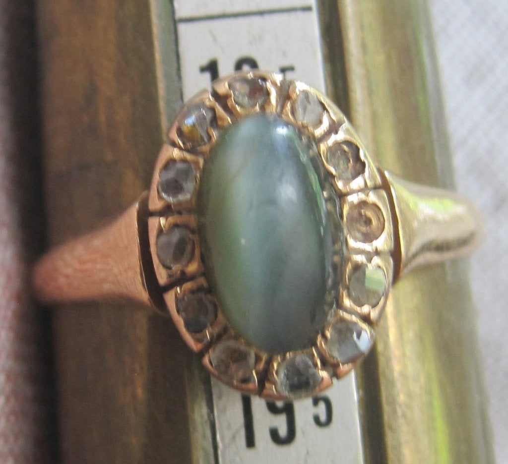 Antiek 18K Chrysoberyl Cat's Eye ring met diamant ZELDZAAM, Ophalen, Goud, Ring, Met edelsteen