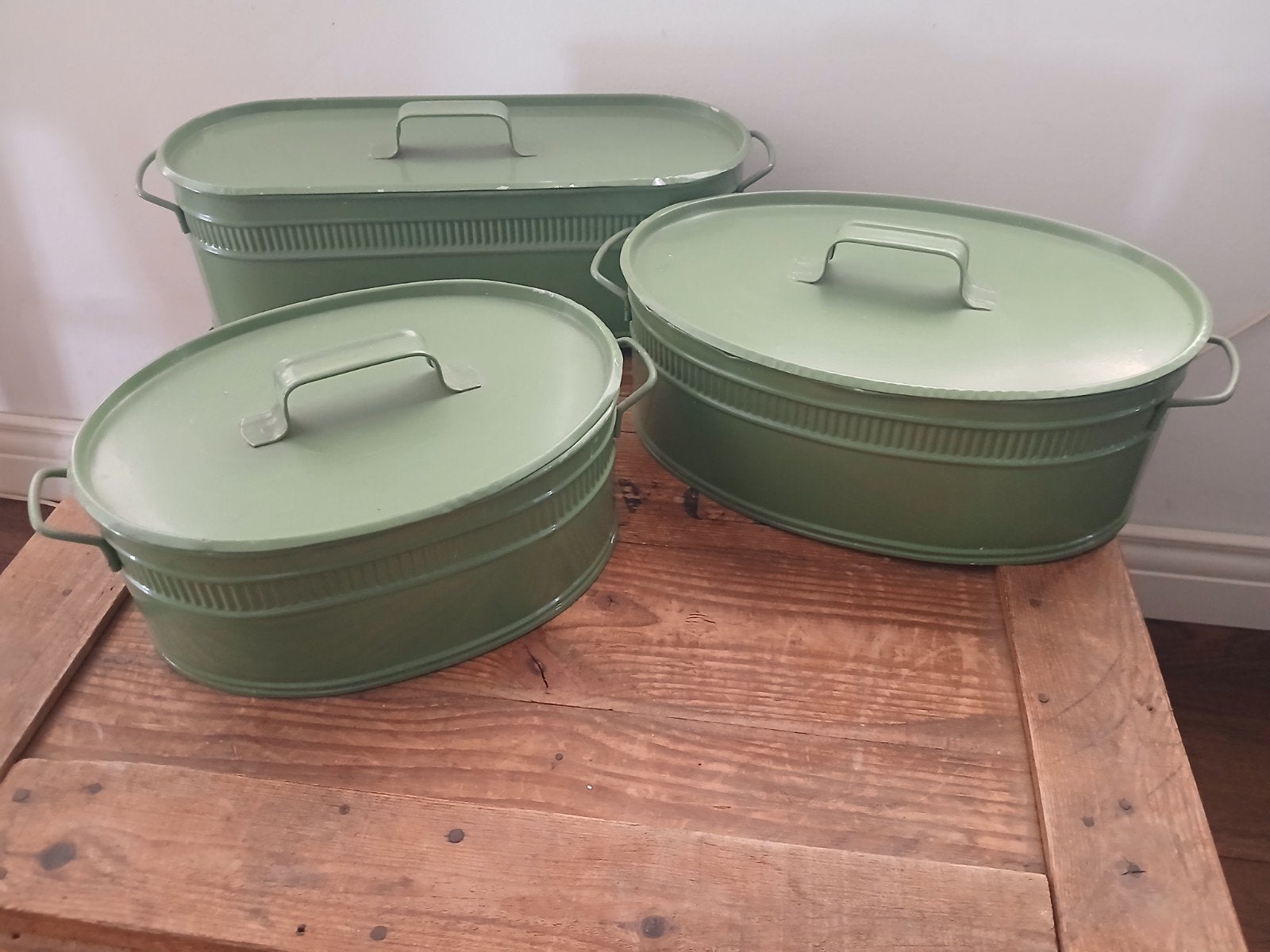 Set van 3 Vintage Zinken Bakken met Deksel - Olijfgroen, Ophalen of Verzenden