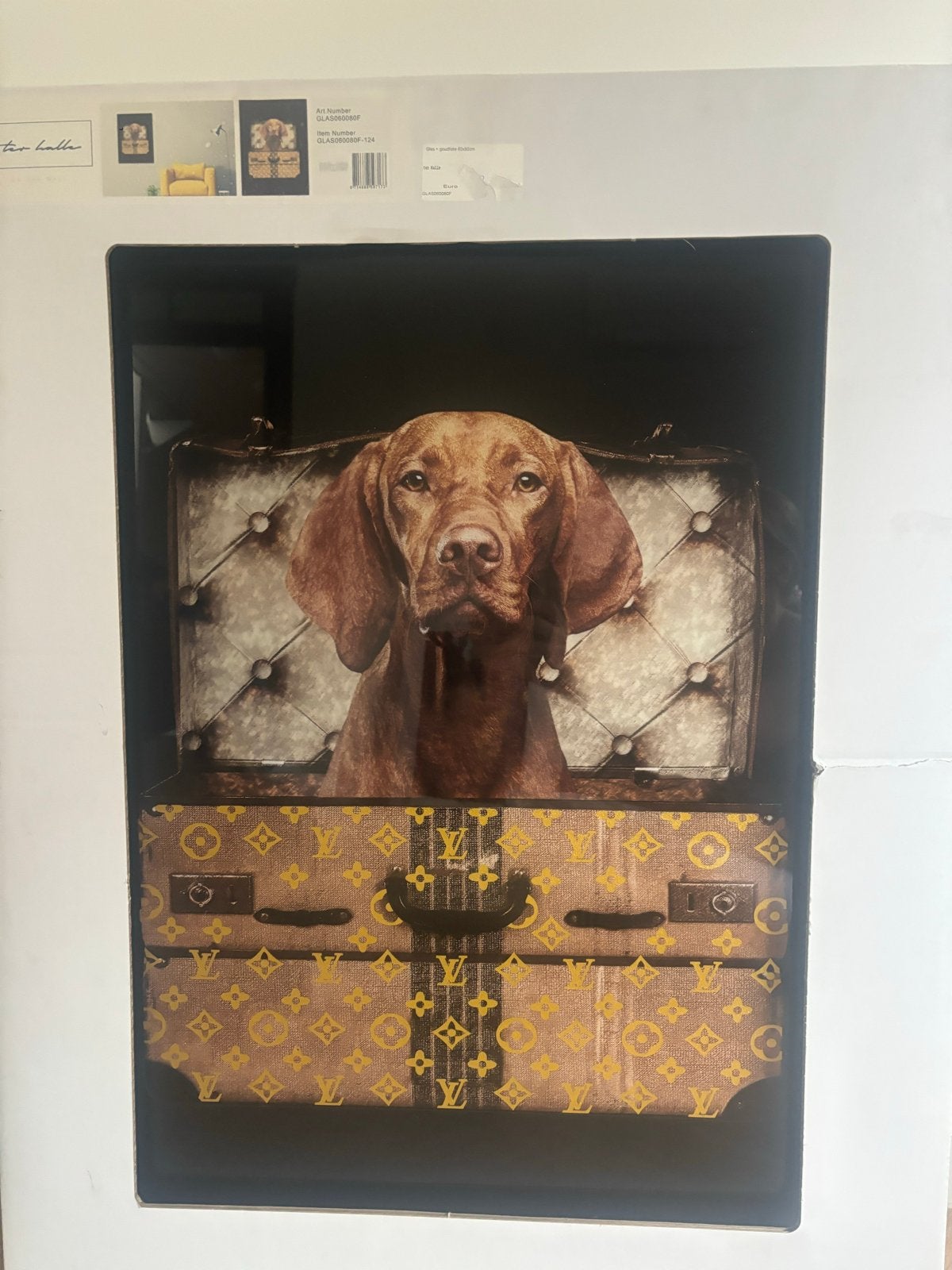 Glas schilderij Hond in Louis Vuitton koffer  60x80cm, Ophalen, Nieuw, Print, 75 – 100