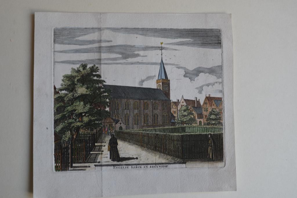 AMSTERDAM BEGIJNHOF ENGELSE KERK CA. 1679 Kopergravure E47, Verzenden, Stadsgezicht, Gravure, 14 cm