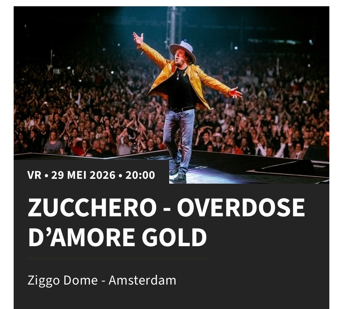 Zucchero 29 mei Ziggo Dome vak107 rij 9 2 stuks, Twee personen, Mei
