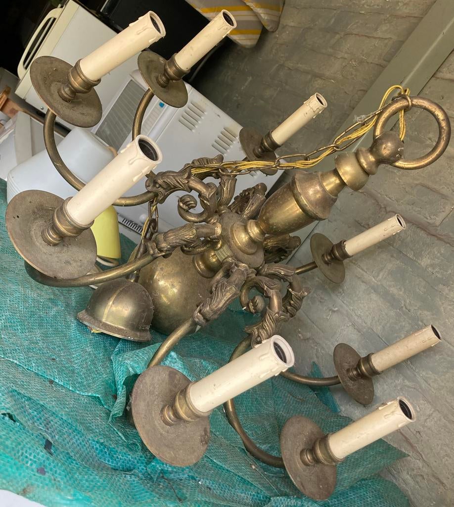 Vintage Messing Kroonluchter met 8 Lichten, Ophalen of Verzenden