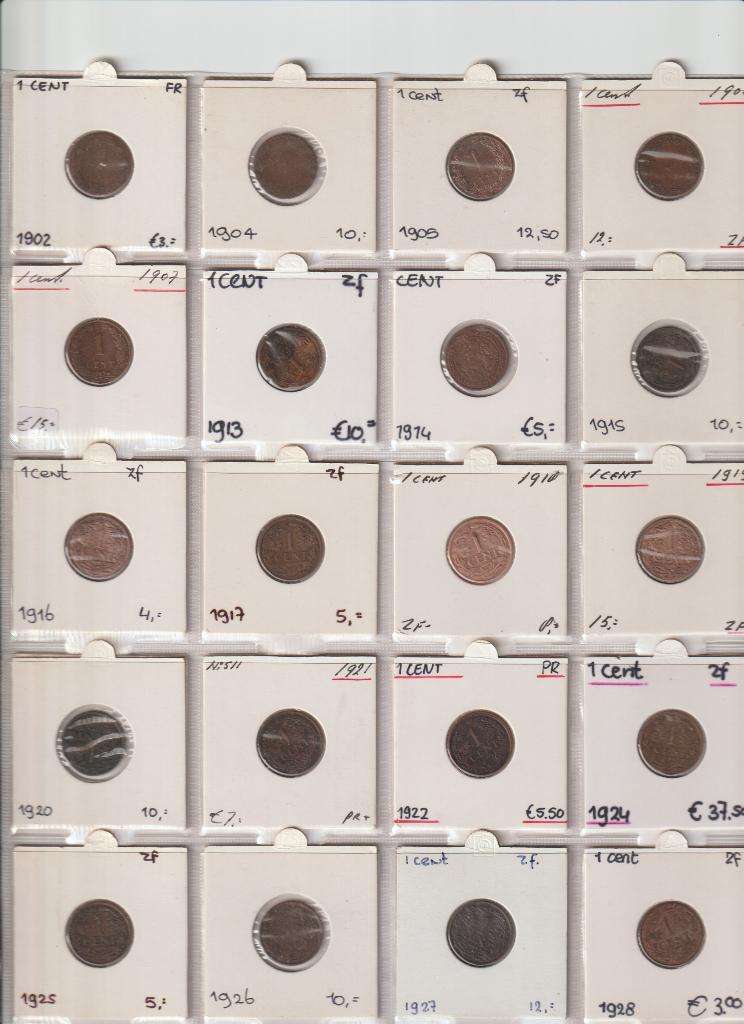Centen van 1902 tot 1928 zijn 20 stuks, Ophalen of Verzenden, Koningin Wilhelmina, 1 cent