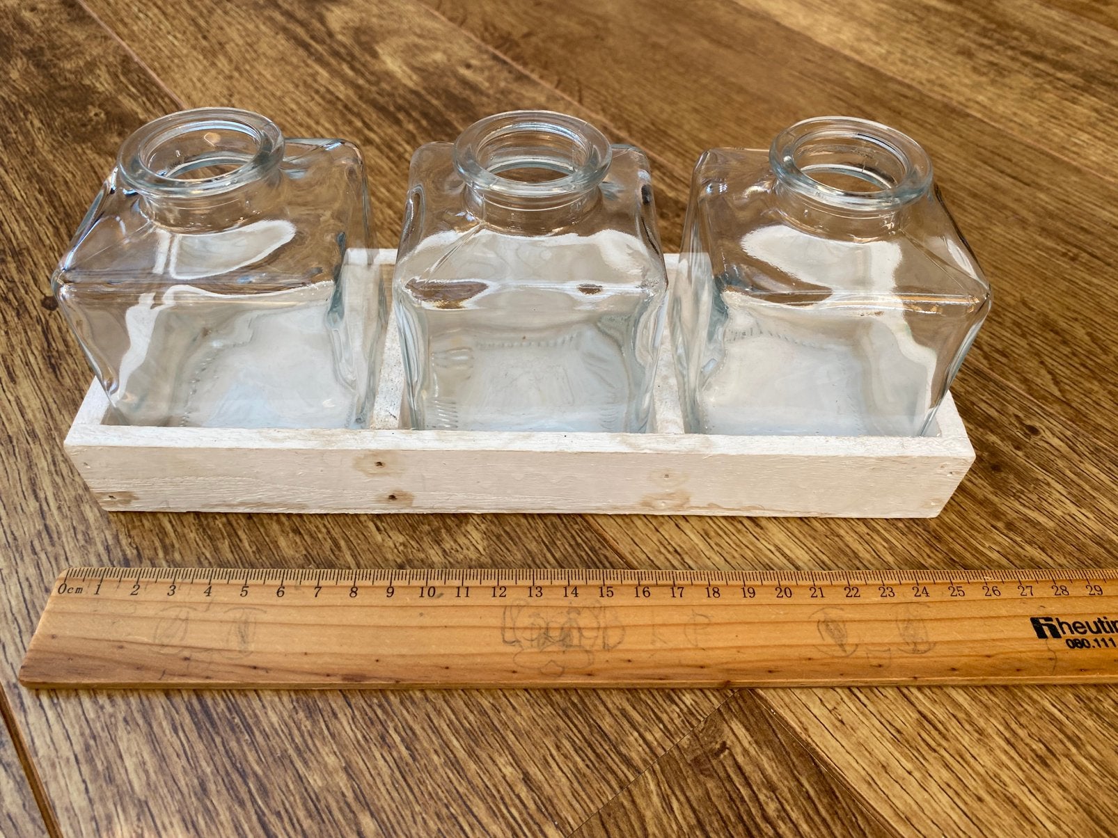 glazen vaasjes met houten houder, Ophalen of Verzenden