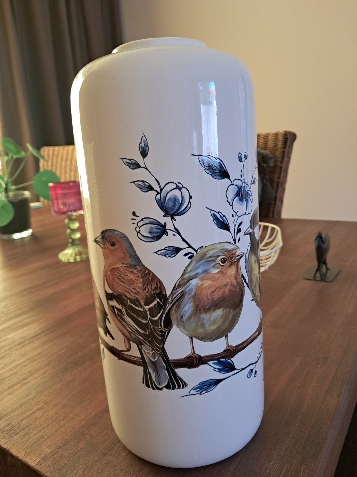 Heinen Delfts Blauw vaas met vogels en bloemen, Ophalen of Verzenden