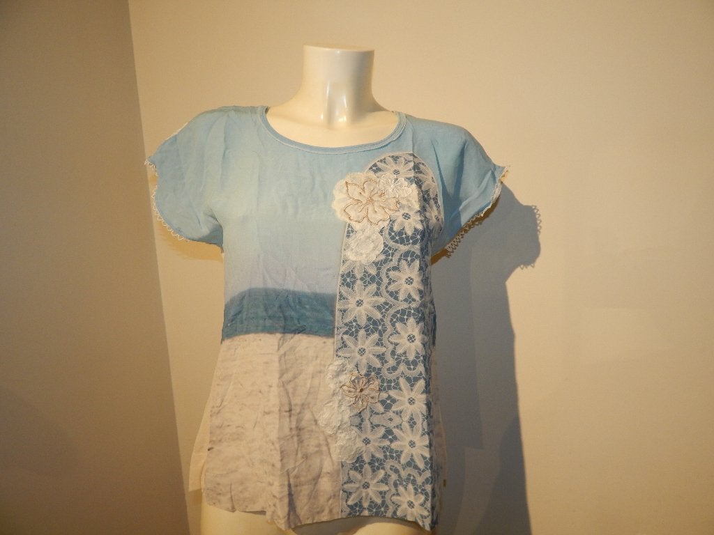 Marccain zijde shirt top zomerse print stiksels sier N3 M, Kleding | Dames, T-shirts, Maat 38/40 (M), Zo goed als nieuw, Korte mouw
