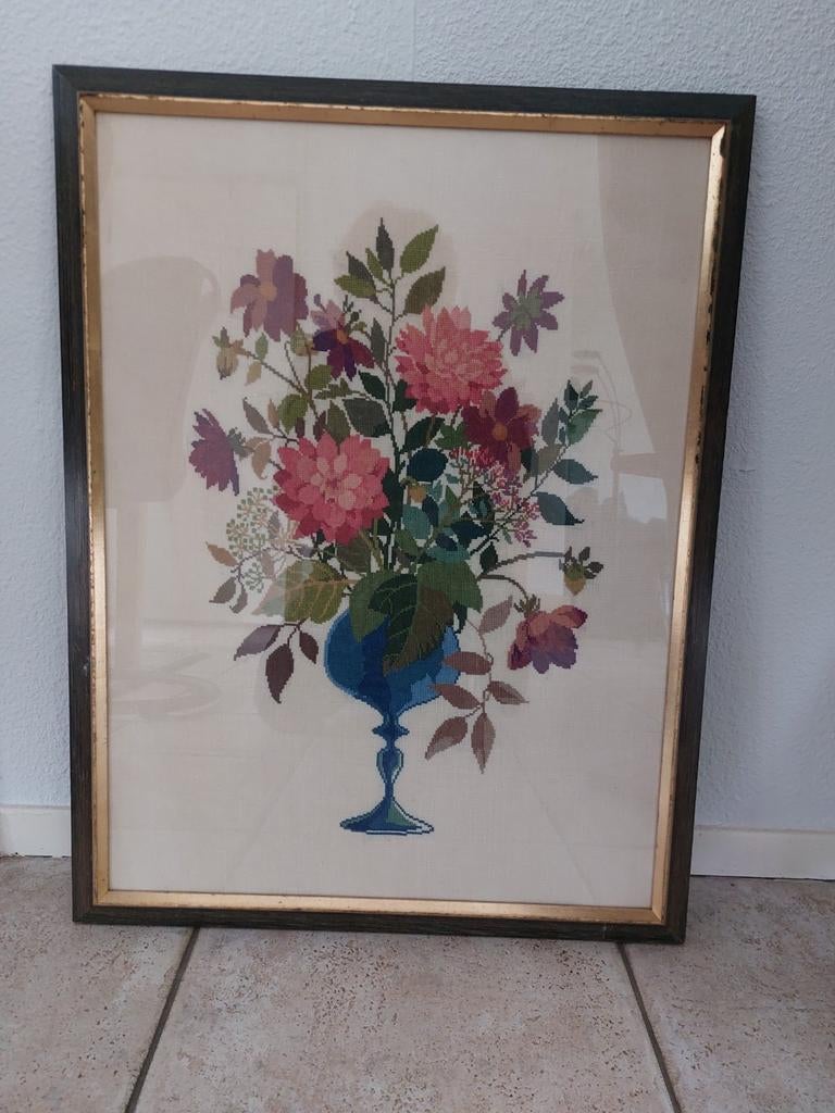 Groot geborduurd schilderij,  jaren '70, Verzenden, 50 tot 75 cm, Schilderij