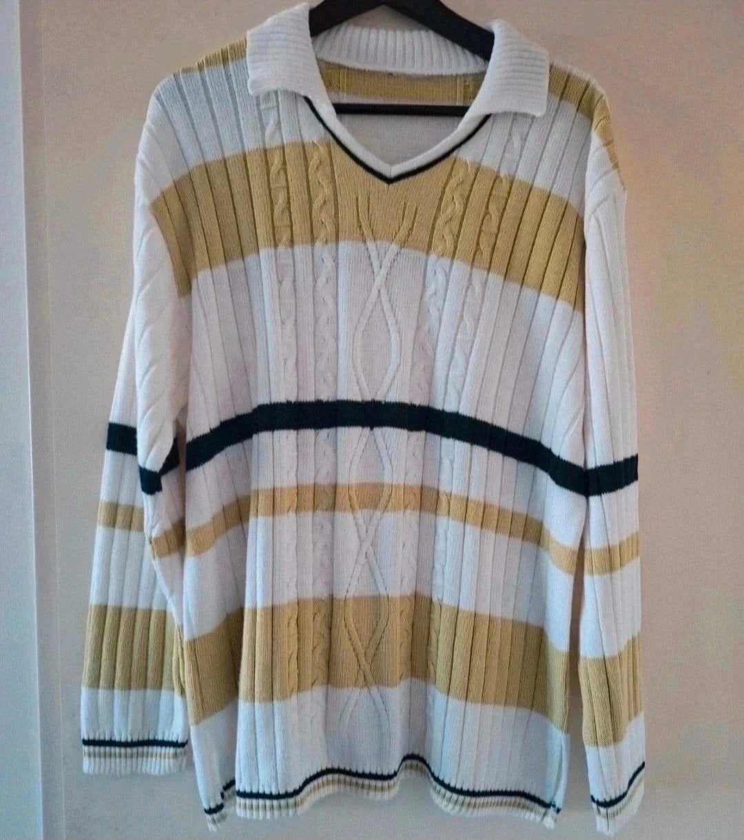 Trui met kraagje, V-hals en kabelstructuur, Ophalen of Verzenden, Zo goed als nieuw, Maat 46/48 (XL) of groter, Wit