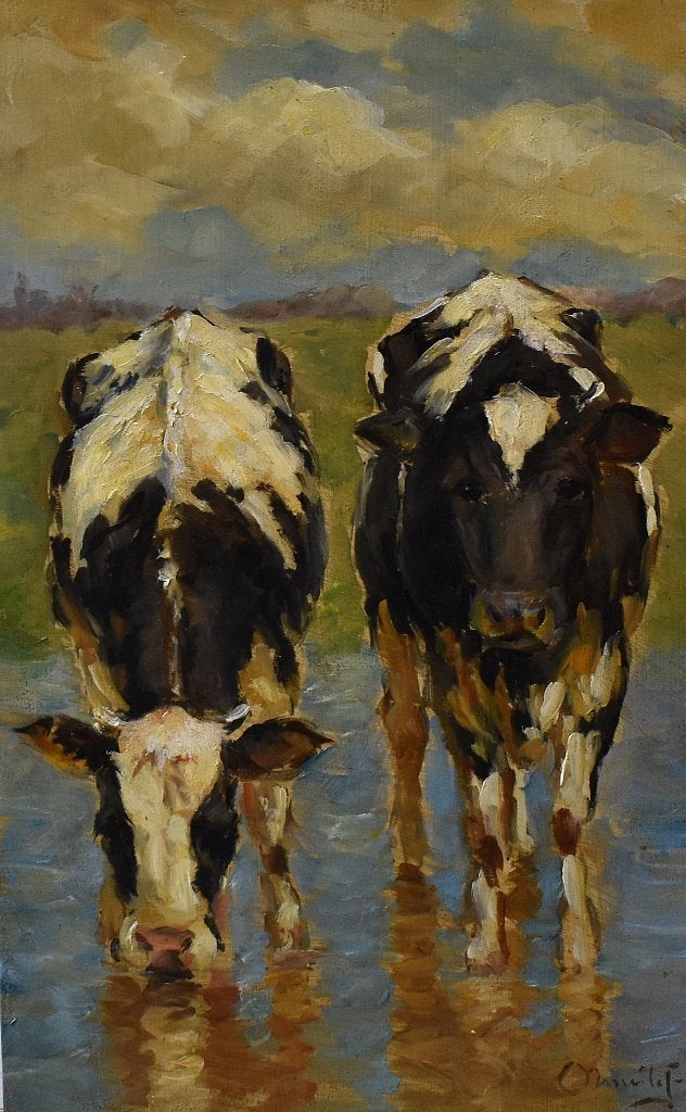 Schilderij met 2 koeien--R.Meilof., Paneel, Verzenden, Dieren, Olieverf