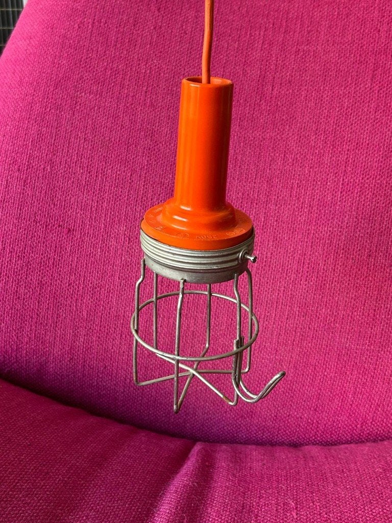 Vintage Oranje Looplamp/ Bouwlamp met Draadkorf & Ophanghaak, Ophalen, Zo goed als nieuw, Minder dan 50 watt, Lamp