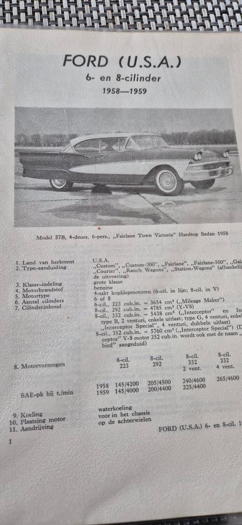 Ford USA 6 en 8 cilinder 1958-1959 model 57B, Ophalen of Verzenden, Ford
