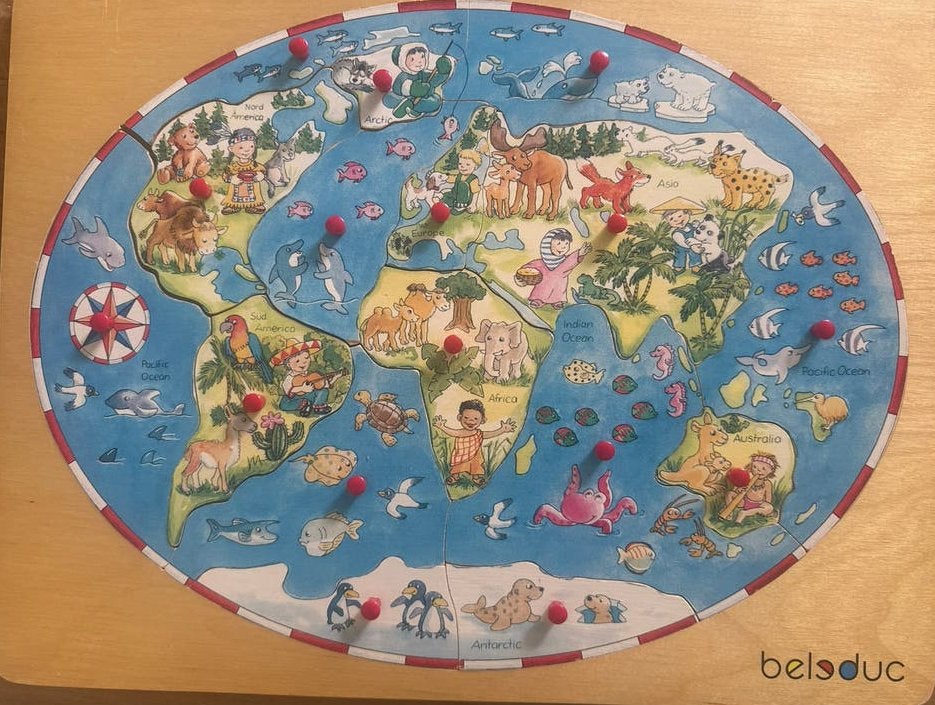 Houten Wereldkaart Puzzel 16 Stuks - Beleduc, 2 tot 4 jaar, Gebruikt, 10 tot 50 stukjes, Ophalen of Verzenden