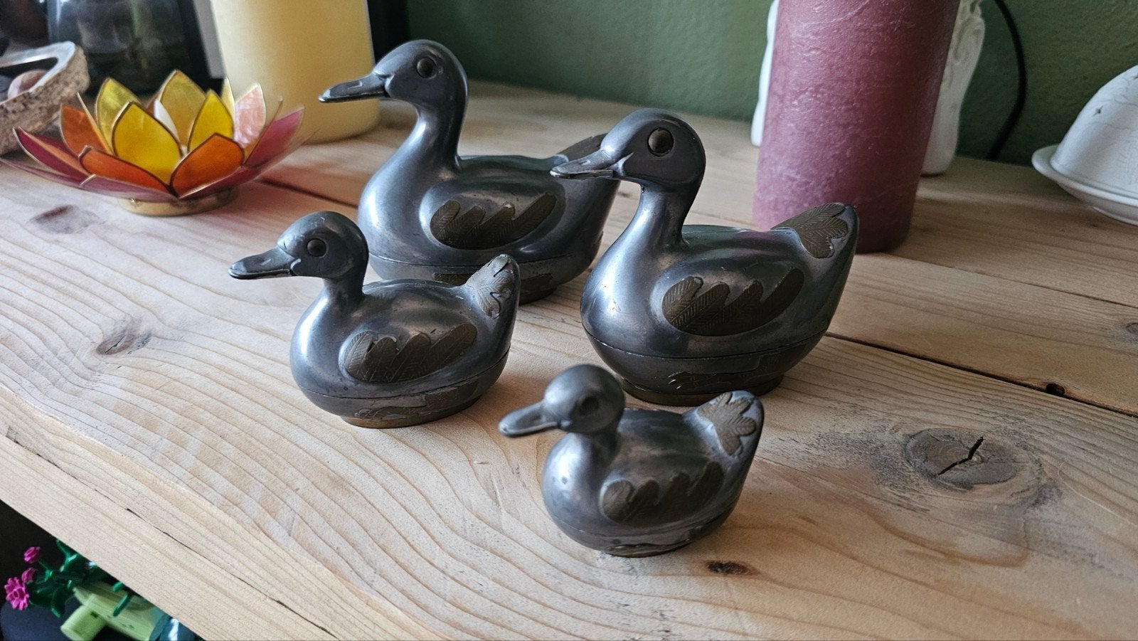Set van 4 Vintage Tinnen & Messing Eenden Doosjes, Antiek en Kunst, Ophalen of Verzenden